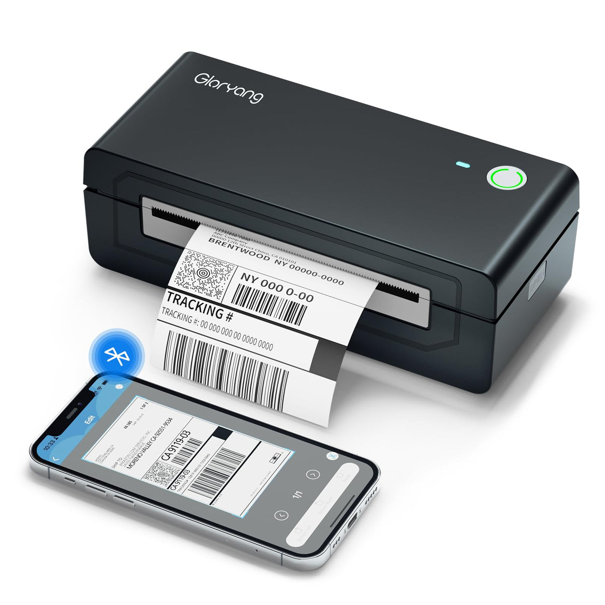 Gloryang Bluetooth Thermal Shipping Label Printer, 4X6 Inkless Label Machine for iOS, Android, Laptop, Wireless Printer for Small Business, Compatible with Amazon, UPS, Shopify, Black
