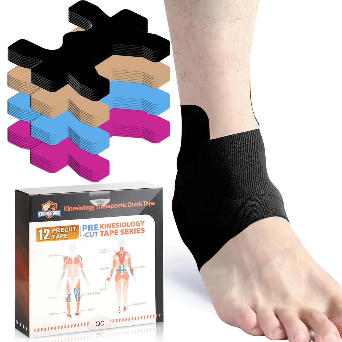 Kinesiology Tape for Ankle, KTQUICK 12 Count Ankle Tape Precut, Original Cotton Waterproof & Breathable, Enhance Elastic Kinesiology Athletic Tape for Ankle Support and Muscle to More Sports (Black) Black