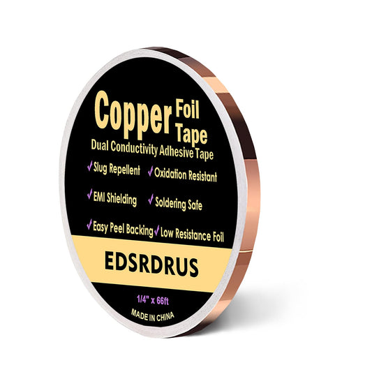 EDSRDRUS Copper Foil Tape with Conductive Adhesive, Double-Sided Pure Copper for EMI Shielding, Stained Glass, Soldering, Slug Barrier, Electrical Repairs (1/4inch x 66ft) 1/4inch x 66ft
