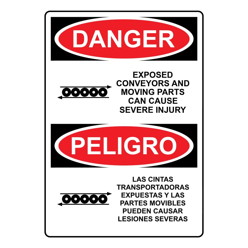English + Spanish OSHA DANGER Exposed Conveyors And Moving Parts Sign With Symbol Safety Warning Metal Tin Sign (12x16 Inches) 12x16 inches