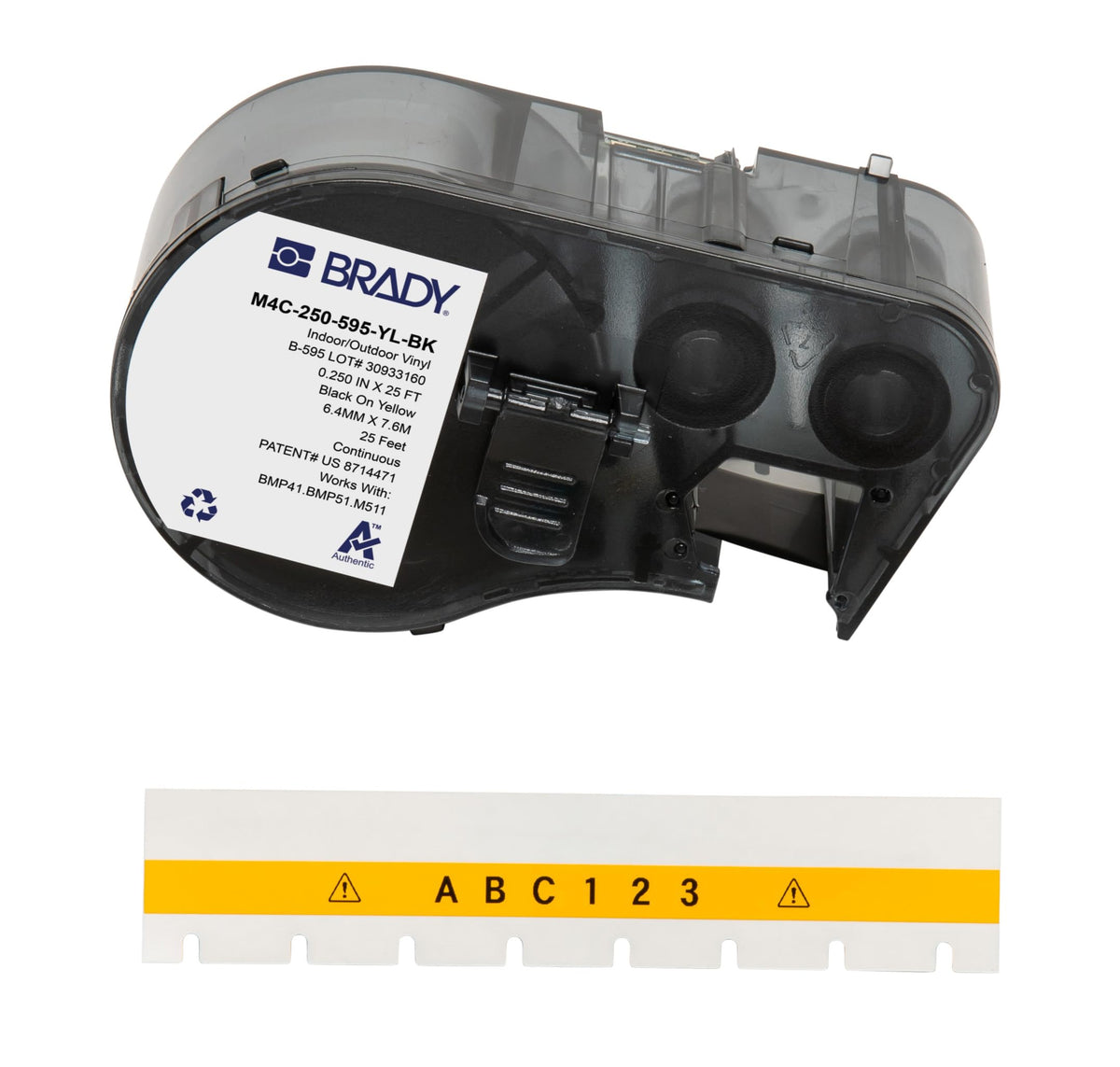 Brady Authentic (M4C-250-595-YL-BK) All-Weather Permanent Adhesive Vinyl Labels 0.25 in W x 25ft Black on Yellow. for use with BMP41, BMP51, M410, M510, and M511 Label Printers.