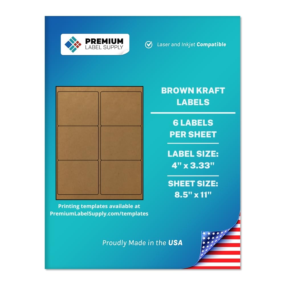 Premium Label Supply Brown Kraft Sticker Labels – 4" x 3.33" – Laser/Inkjet Compatible – (6 per Sheet), 25 Sheets – 150 Total Adhesive Labels 150 Labels