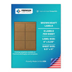 Premium Label Supply Brown Kraft Sticker Labels – 4" x 3.33" – Laser/Inkjet Compatible – (6 per Sheet), 25 Sheets – 150 Total Adhesive Labels 150 Labels