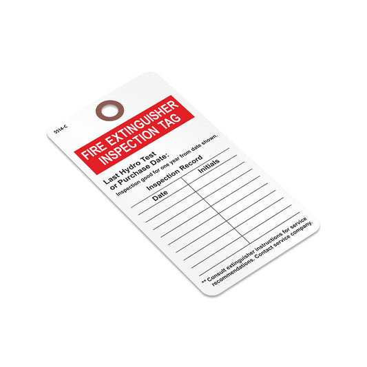 SmartSign 25-Pack Fire Extinguisher Inspection Tags with Reinforced Fiber Patch, 3" x 5.75", 13pt Cardstock, Double-Sided Write-On Grid for Date/Inspector Initials, Red/Black/White, USA-Made