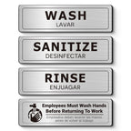Wash Rinse Sanitize Sink Labels, Bilingual English Spanish 3 Compartment Sink Stickers, Employees Must Wash Hands Sign for Commercial Kitchen, Restaurant, Food Truck, Food Service, 4 Pack Brushed Aluminum Wash/ Rinse /Sanitize/ employees-Spanish
