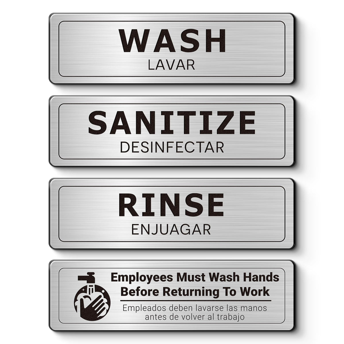 Wash Rinse Sanitize Sink Labels, Bilingual English Spanish 3 Compartment Sink Stickers, Employees Must Wash Hands Sign for Commercial Kitchen, Restaurant, Food Truck, Food Service, 4 Pack Brushed Aluminum Wash/ Rinse /Sanitize/ employees-Spanish