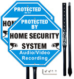 2 Pack Protected By Home Security System Signs for Yard, 12" x 12" Aluminum Sign with 36" Metal Stakes, Audio Video Recording Warning Sign, Reflective Aluminum 2Pack with Black Stake