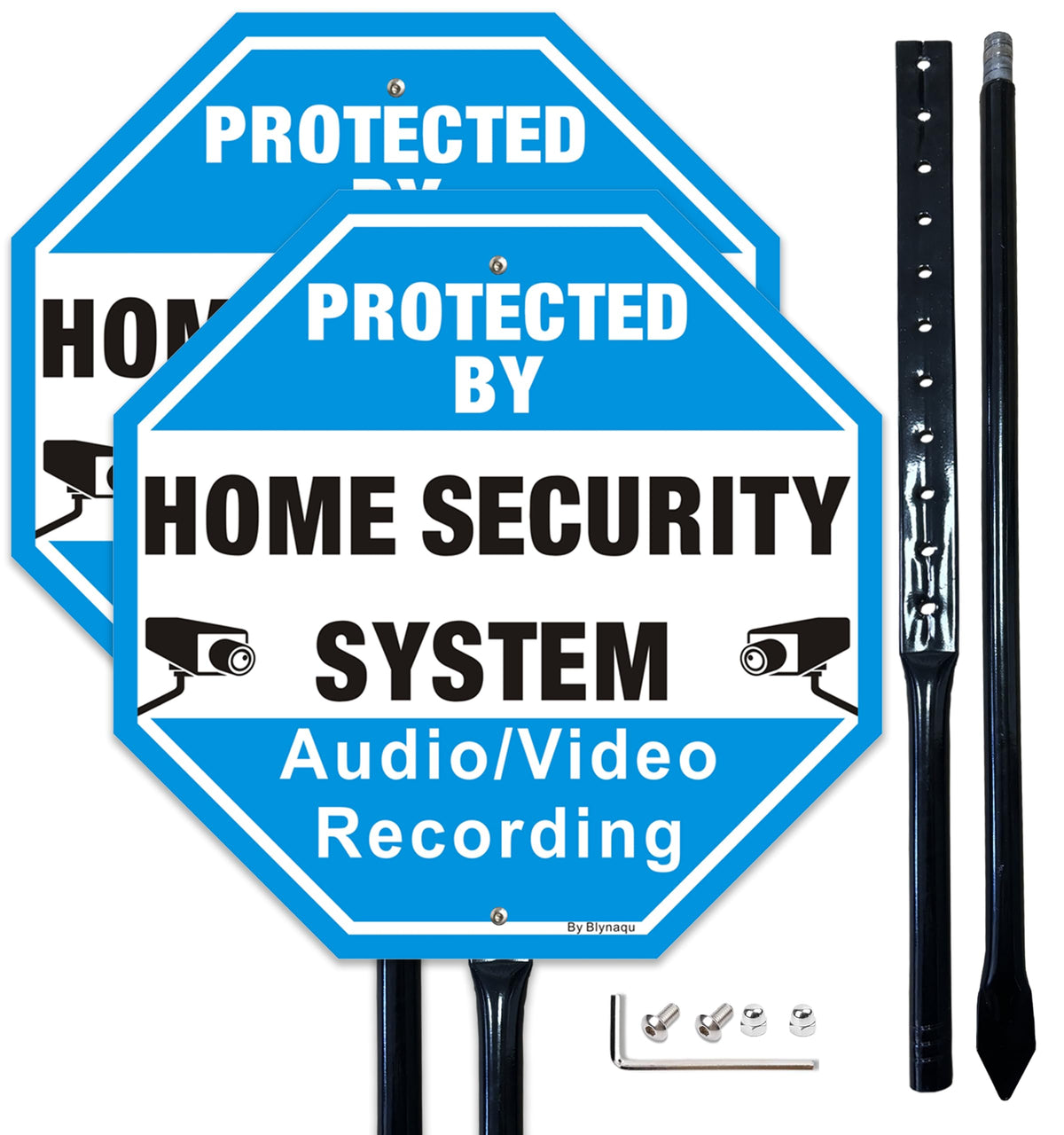 2 Pack Protected By Home Security System Signs for Yard, 12" x 12" Aluminum Sign with 36" Metal Stakes, Audio Video Recording Warning Sign, Reflective Aluminum 2Pack with Black Stake