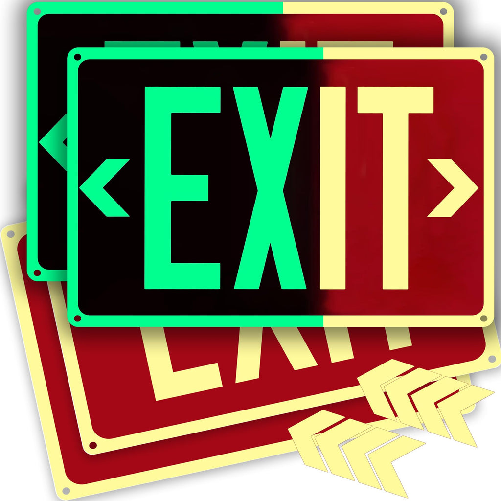 4Pack Photoluminescent Exit Sign Aluminum - 14x10 Inches Glow In Dark Exit Sign with Adhesive Backing - Removable Arrows Included - Non Electrical Red Exit Light For 50 Feet Visibility 14"X10"-4PACK