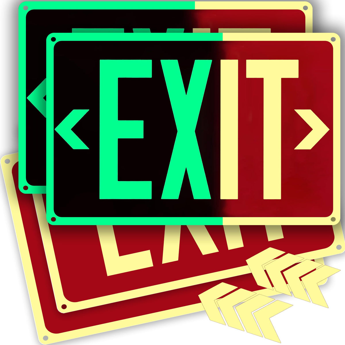 4Pack Photoluminescent Exit Sign Aluminum - 14x10 Inches Glow In Dark Exit Sign with Adhesive Backing - Removable Arrows Included - Non Electrical Red Exit Light For 50 Feet Visibility 14"X10"-4PACK