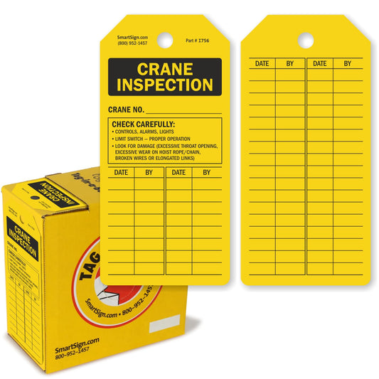 SmartSign 100-Pack Crane Inspection Tags, Write-On Tags in Dispenser Box, 2-Sided with Safety Checklist and Blank Grid for Inspection Details, 6.25" x 3", 10 mil Plastic, Yellow and Black