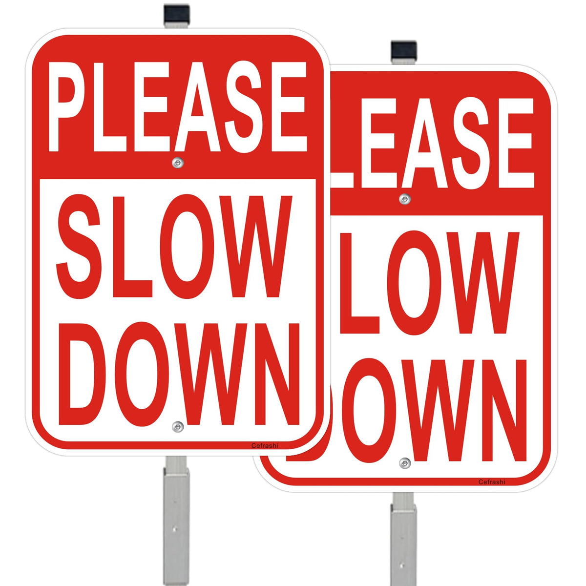2 Pack Please Slow Down Yard Signs, with 36" Metal Stakes, 14"x10" Reflective Aluminum, Durable Warning Traffic Sign for Slower Speeds, Great for Neighborhoods, Includes Matching Screws & Wrench Red 2Pack- 14"x10" Slow Down Sign- with Stake