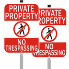 2 Pack Private Property No Trespassing Sign with 36" Metal Stakes, 14" x 10", Reflective Aluminum Sign, Weather Resistant, Waterproof, Easy to Mount 2 Pack-with aluminum Stake