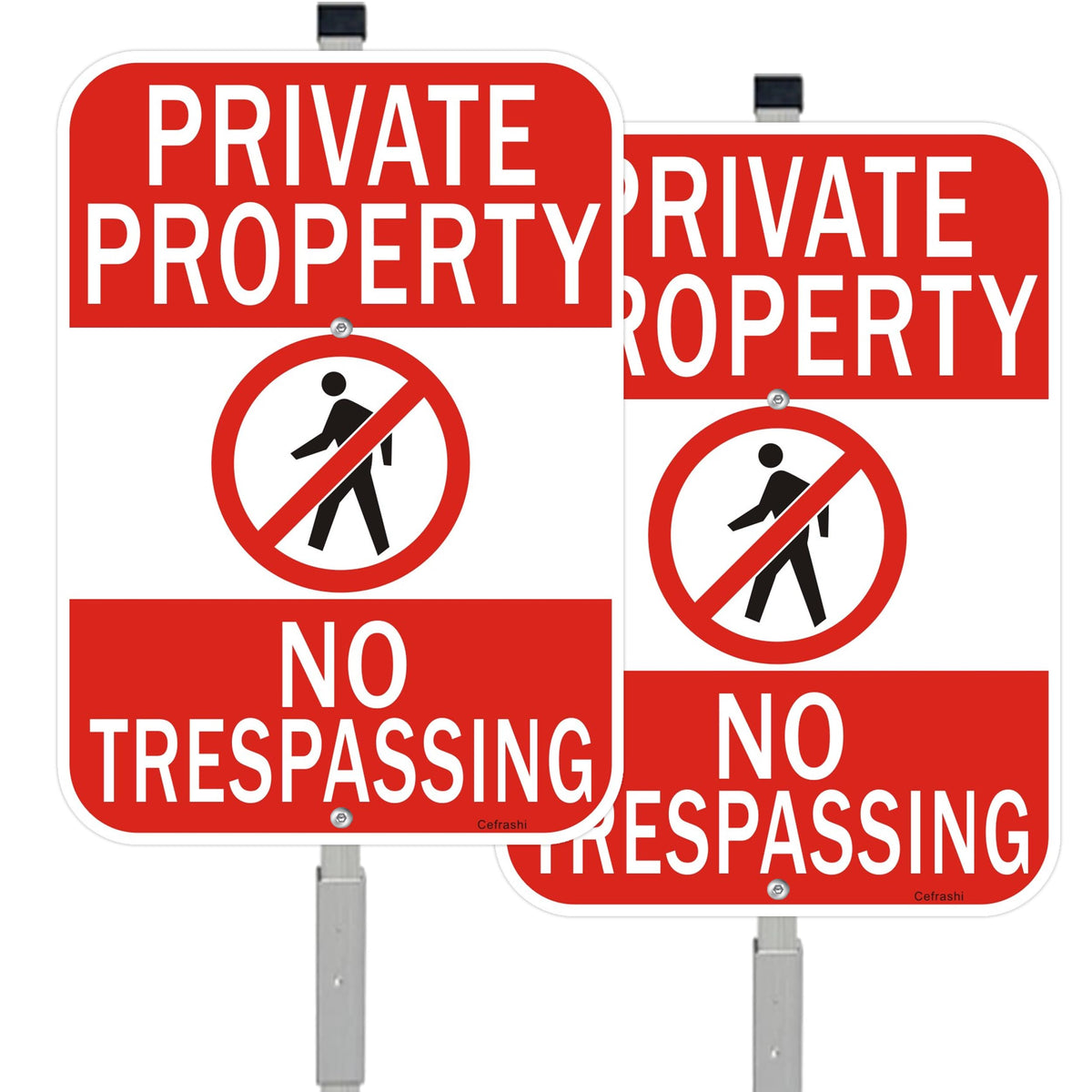 2 Pack Private Property No Trespassing Sign with 36" Metal Stakes, 14" x 10", Reflective Aluminum Sign, Weather Resistant, Waterproof, Easy to Mount 2 Pack-with aluminum Stake