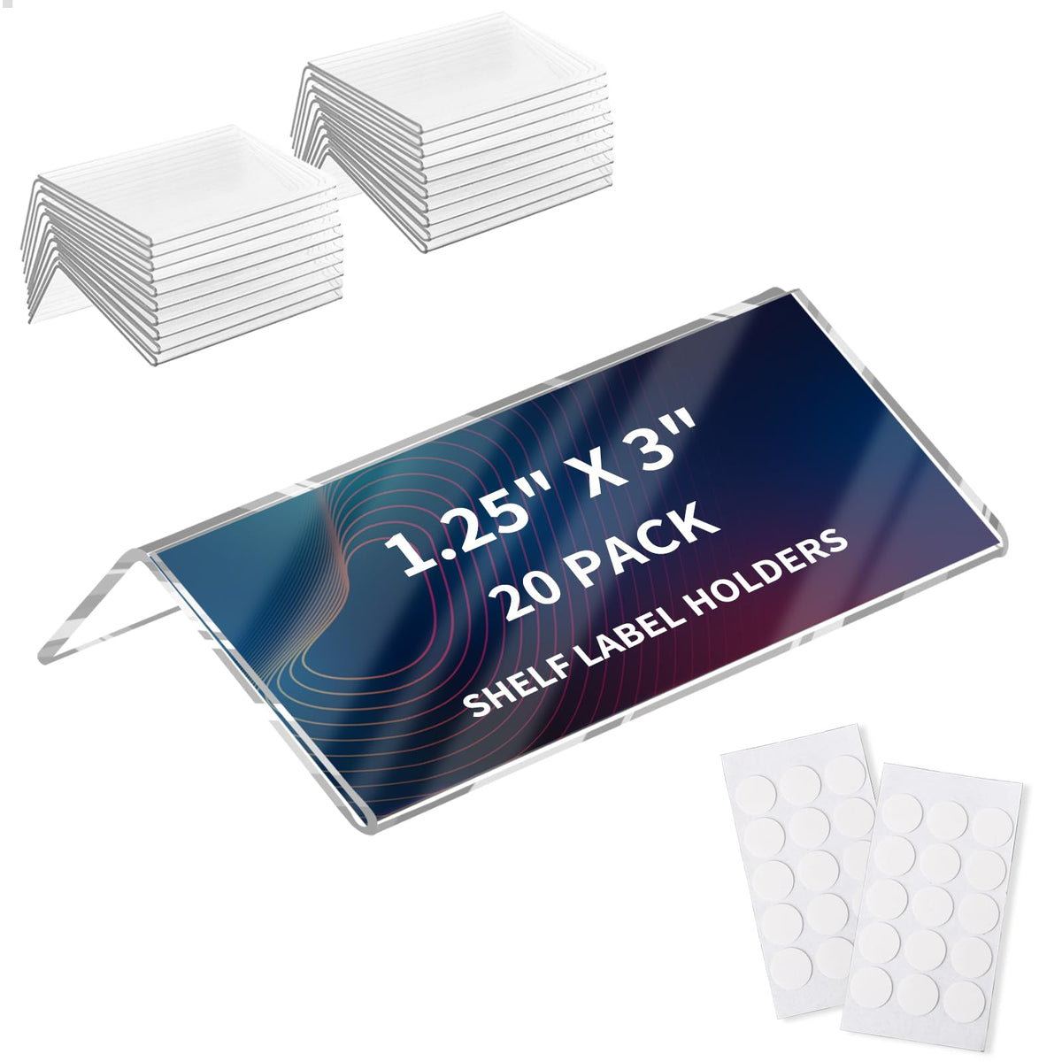 20 Pack Acrylic Rigid Shelf Label Holders, Lying Down or Sticking 1.25x3 in