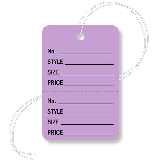 SmartSign (1000-Pack) Lavender 2-Part Perforated Garment Tags with Strings - 1.875" x 1.25", 12-Point Cardstock Tags, Write-On, Pre-Printed Fields - No./Style/Size/Price, Rounded Corners, USA-Made