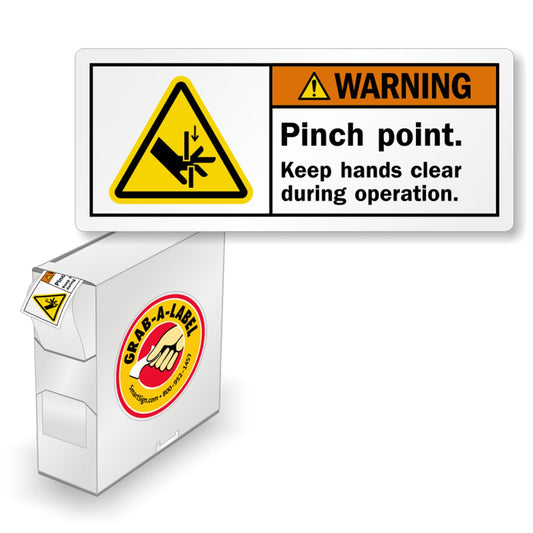 SmartSign (250/Roll) Pinch Point Keep Hands Clear During Operation Labels in a Handy Dispenser Box - 1.25" x 3", Plastic Labels (Aggressive Adhesive) with Polyolefin Film, ISO Warning Labels