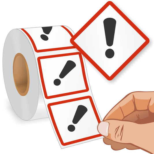 SmartSign (500/Roll) GHS Pictogram Exclamation Mark Labels for Irritants/Sensitizers/Other Hazard - 1" x 1" Square, 2.6 mil Thick Semi-Gloss Paper, Permanent Adhesive, Red/Black on White, Made in USA Exclamation Label 1" x 1"