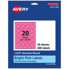 Avery Printable Round Labels, Sure Feed Technology, 1-2/3" Diameter, Bright Pink Labels, Print-to-The-Edge, Laser/Inkjet Printable, 400 Total, Great for Stickers and Candles 400 Labels