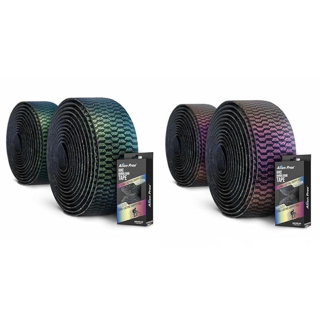 ALIEN PROS Set of 4 Green & Purple Chameleon Bike Handlebar Tape - Elevate Your Ride with Stylish, Comfortable, and Color-Shifting PU Tape for Enhanced Grip with These Bicycle Handle bar Tape