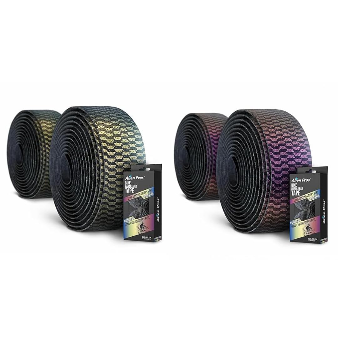 ALIEN PROS Set of 4 Gold & Purple Chameleon Bike Handlebar Tape - Elevate Your Ride with Stylish, Comfortable, and Color-Shifting PU Tape for Enhanced Grip with These Bicycle Handle bar Tape