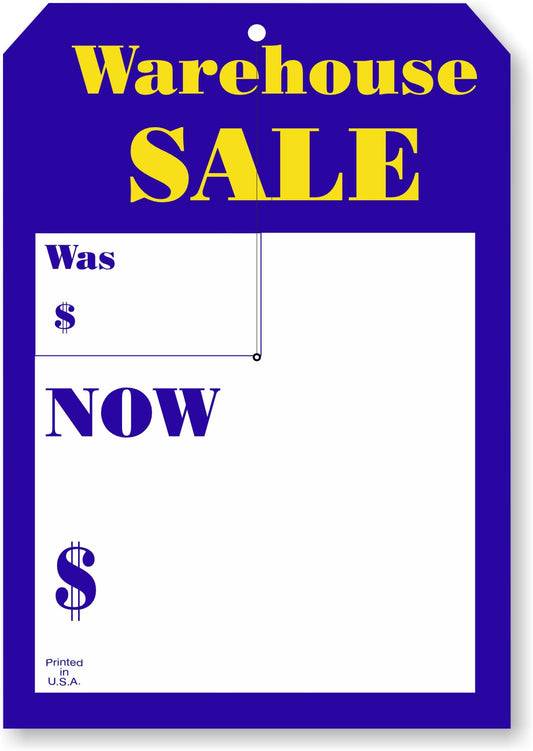 SmartSign (250-Pack) Warehouse Sale Tags with Slit - 5" x 7" 12-Pt Cardstock Tags, Blue, Yellow and White with Write-On Sections for Regular Price and Sale Price, Clipped Corners