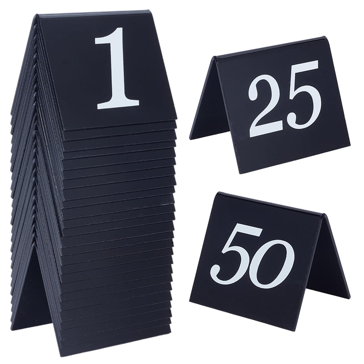 OLYCRAFT 50pcs Tent Style Acrylic Table Numbers Signs 1-50 Double Sided Black Table Numbers Signs Acrylic Tent Table Numbers Stands Signs 2.1x2.5x1.9 Inch for Wedding Party Banquets Receptions