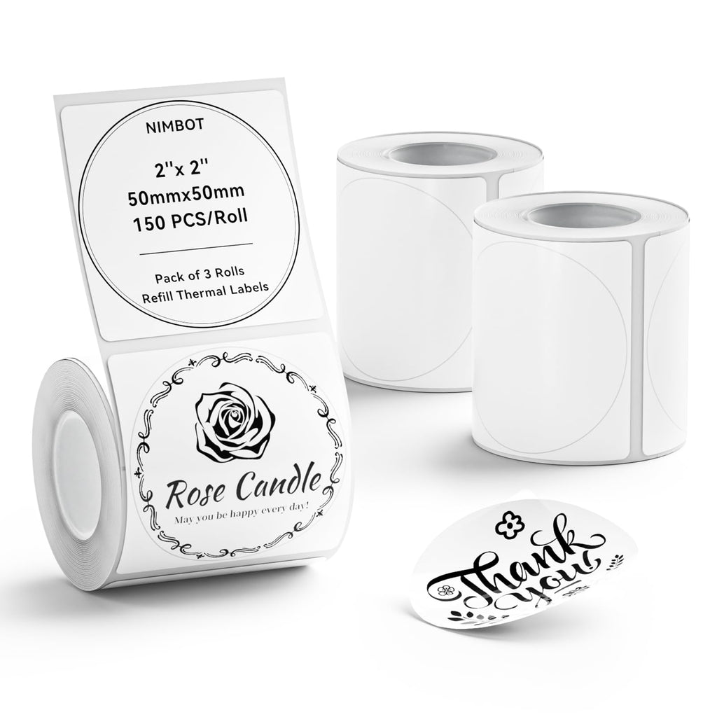NIIMBOT 3 Roll Set Labels, 2" X 2" (50x50mm) Round Waterproof Thermal Label 2" X 2"-Round-White