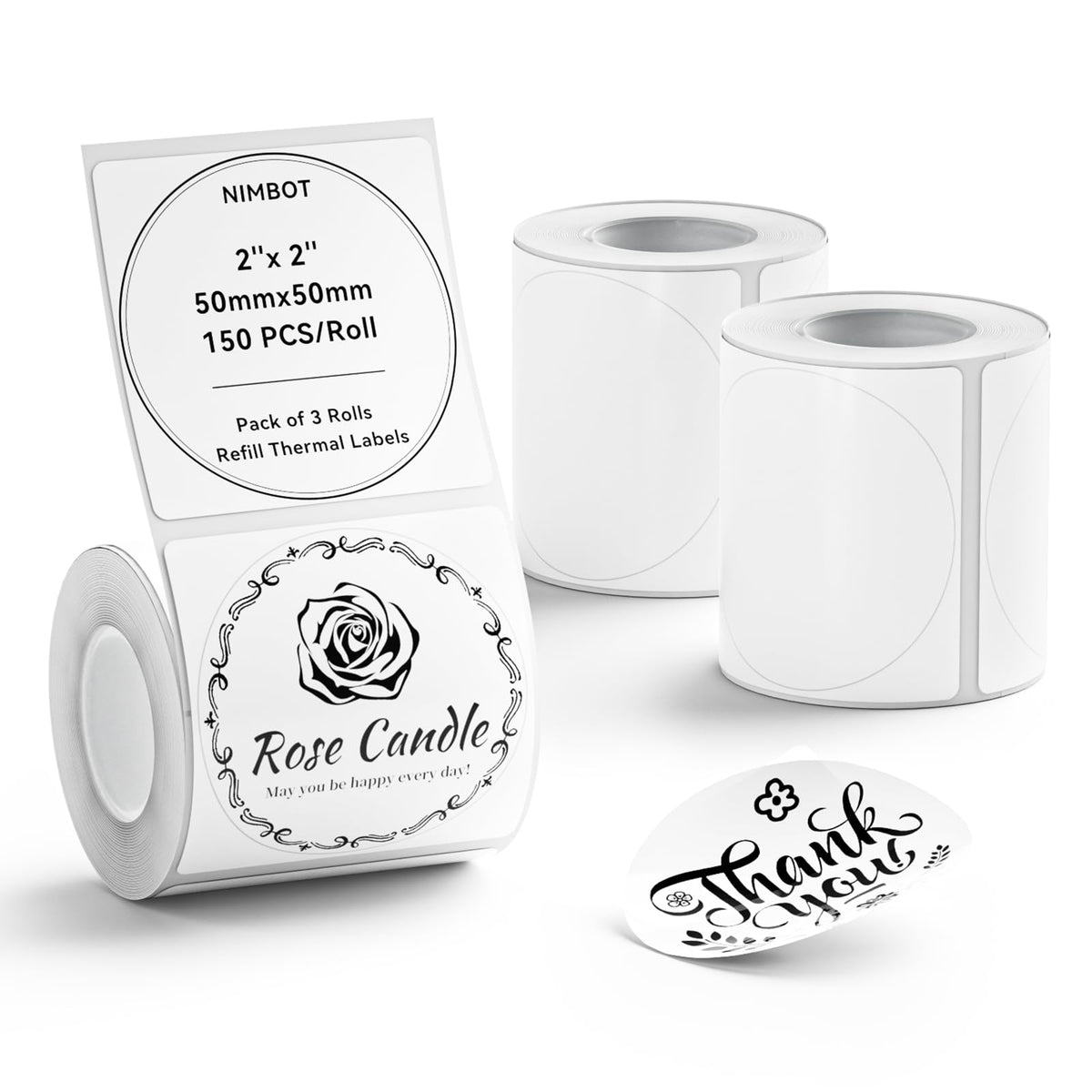 NIIMBOT 3 Roll Set Labels, 2" X 2" (50x50mm) Round Waterproof Thermal Label 2" X 2"-Round-White