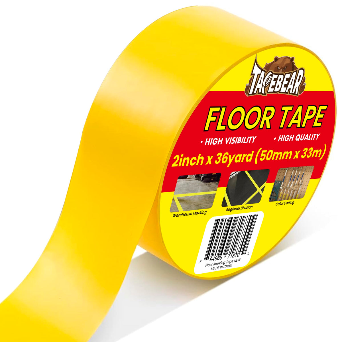 TAPEBEAR Floor Tape Yellow Vinyl Tape 2" x 36 yds, Floor Caution Marking Dance Splicing Tape Safety Warning Stripe Abrasion-Proof Waterproof for Gym, Warehouse, Traffic Signage, Color Coding 2" x 36Yards