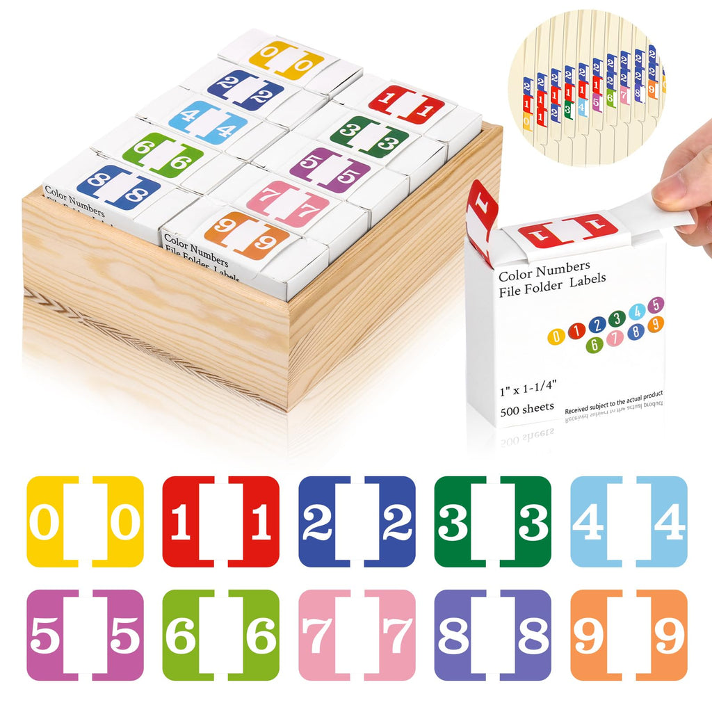 10 Rolls Number File Folder Labels Set Color Series Chart Stickers with Wooden Tray Set of Numbers 0-9 File Labels for File Folders Number Label Index Numeric Labels Index Stickers for Office School