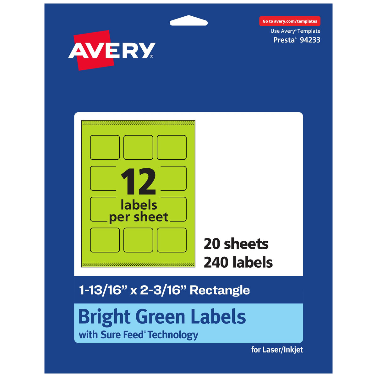 Avery Printable Rectangle Labels, Sure Feed Technology, 1-13/16" x 2-3/16", Bright Green Labels, Print-to-The-Edge, Laser/Inkjet Printable, 240 Total, Great for Mailing 240 labels