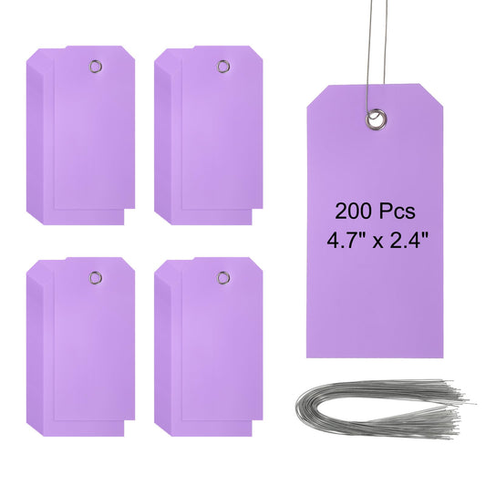 PATIKIL Plastic Shipping Tags with Wire 4 3/4" x 2 3/8", 200 Pieces Blank Waterproof Hang Tags with Wires Label Tags for Labeling Marking Auto Parts Luggage, Purple