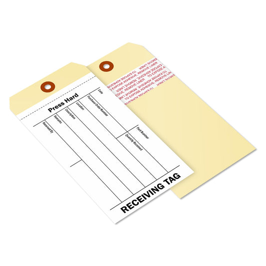 SmartSign 100-Pack 2-Part NCR Receiving Tags with Adhesive Strip - 6.25"x3.125", Thick Manila Tags with 60# Tear-Off NCR Paper Top Sheet, Sequentially Pre-Numbered Asset Inventory Tags, Write-On