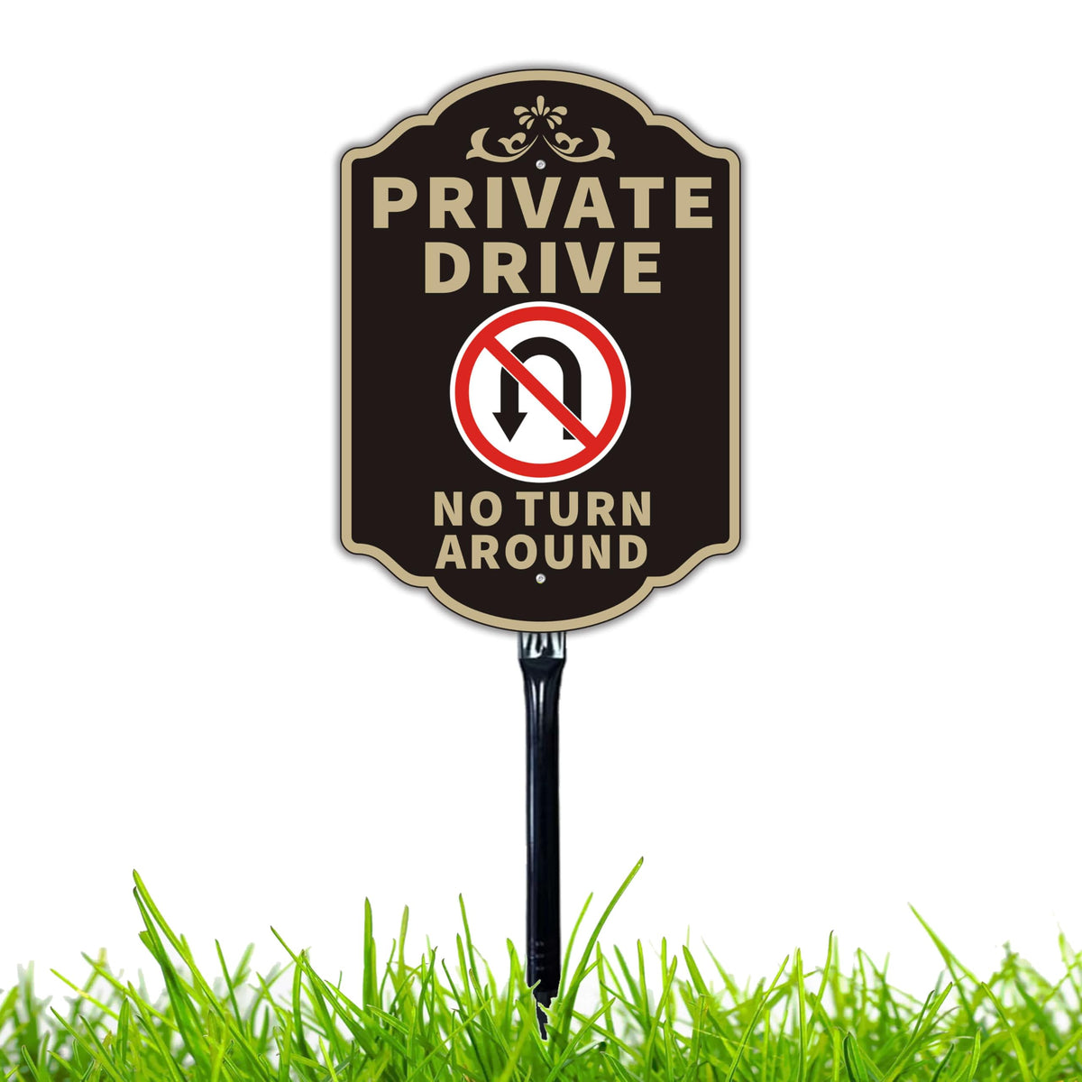 Large Private Drive No Turn Around Sign, 14”x10” Private Road Reflective Warning Signs with 36”Strong Steel Stake Rust Free Heavy Duty Aluminum Easy Installation for Outdoor Use No turn around-Black