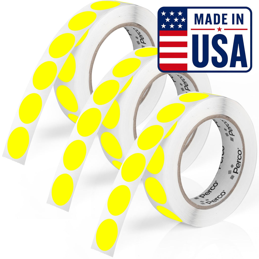 Perco Neon Yellow Perforated Round Circle Dot Sticker 1-Inch Labels — 3 Rolls, 3,000 Stickers — Price Stickers, Notes & Reminder Labels, High Visibility, Strong Adhesive—Made in USA 1 Inch