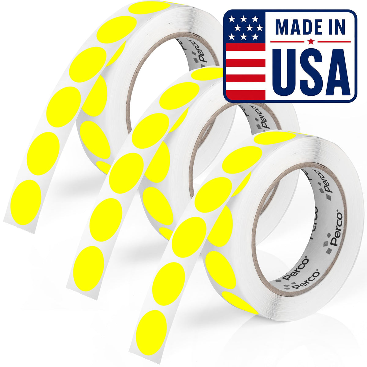 Perco Neon Yellow Perforated Round Circle Dot Sticker 1-Inch Labels — 3 Rolls, 3,000 Stickers — Price Stickers, Notes & Reminder Labels, High Visibility, Strong Adhesive—Made in USA 1 Inch