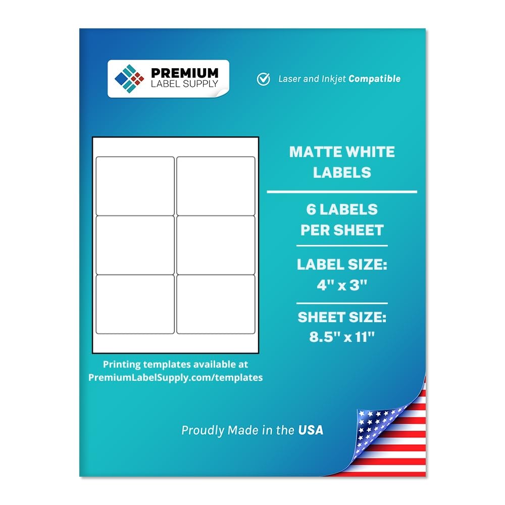 Premium Label Supply White Sticker Labels – 4" x 3" – Laser/Inkjet Compatible – (6 per Sheet), 100 Sheets – 600 Total Adhesive Labels 600 Labels