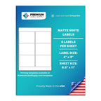 Premium Label Supply White Sticker Labels – 4" x 3" – Laser/Inkjet Compatible – (6 per Sheet), 100 Sheets – 600 Total Adhesive Labels 600 Labels