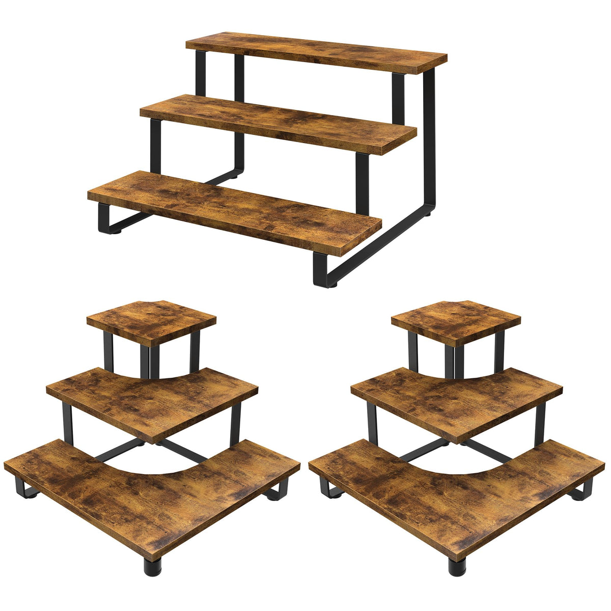 ELITEROO Wooden Display Stand Set, Portable 3 Tier Shelves Stair Step Shelf Risers Stands for Retail Tabletop, Countertop, Craft Shows, Farmers Market, Tradeshows, Vendors (1 Straight + 2 Corner)