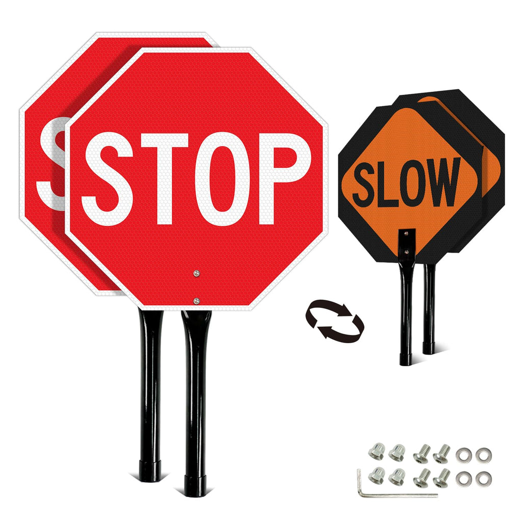 GicnKeuz 2 Pack Stop Slow Sign with Metal Handle, 13x13 inches Double Sided Slow/Stop sign, Traffic Reflective Aluminum Sign, Fade Resistant/Waterproof, Easy to Mount (Red & Orange) 13" x 13" - 2 packs of Stop Sign with handle
