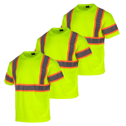 High Visibility T Shirt for Men ANSI Class 2, Hi Vis Reflective Safety Short Sleeve Work Shirts with Pocket X-Large Yellow-3pcs