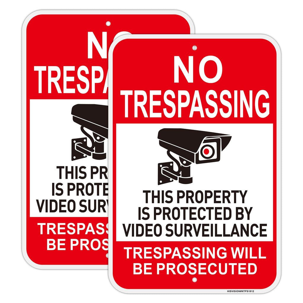 2 PC No Trespassing Signs Private Property, 18"x12" Video Surveillance Sign Red