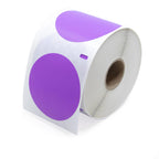 Purple 2.25-inch circle direct thermal industrial labels by Labelvalue, showing vibrant color and adhesive backing.