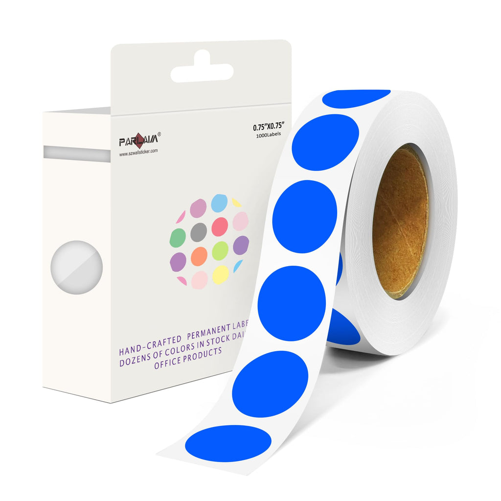 Blue PARLAIM 3/4-inch round circle labels in a pack of 1000, ideal for color-coding in office and classroom settings.