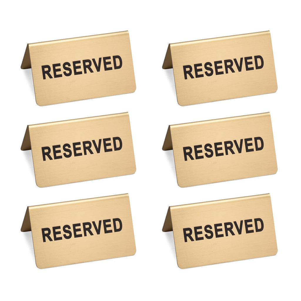 Stainless Steel Reserved Table Sign, Set of 6, 2.36 x 3.94 Inch Tent-Style Signs, Brushed Gold Metal, Durable and Easy to Read for Restaurants, Cafes, Hotels, Weddings, and Events (Gold)