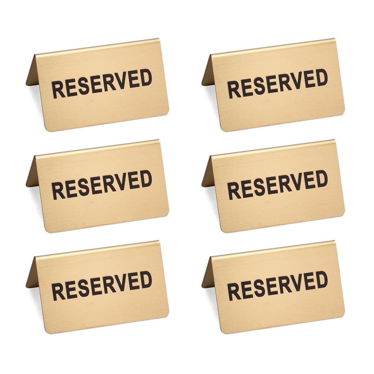 Stainless Steel Reserved Table Sign, Set of 6, 2.36 x 3.94 Inch Tent-Style Signs, Brushed Gold Metal, Durable and Easy to Read for Restaurants, Cafes, Hotels, Weddings, and Events (Gold)