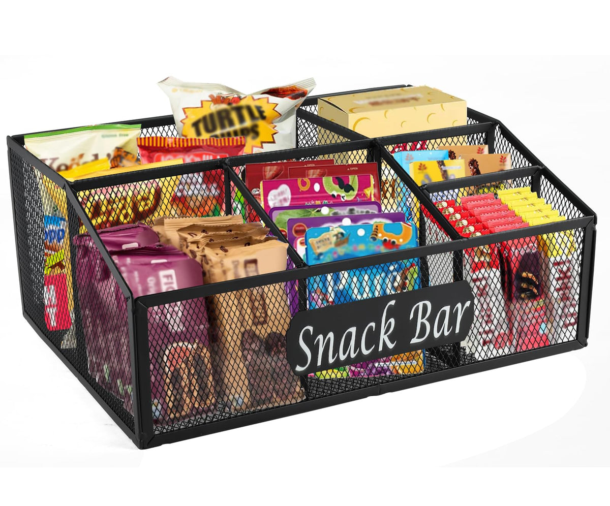 Snack Organizer for Pantry Shelf, Metal Snack Organizer Snack Basket, 6 Compartment Snack Bin Holder Chip Organizer, Snack Bar Station Organizer, Kitchen Pantry Organizer and Storage (Black) 6 Compartments