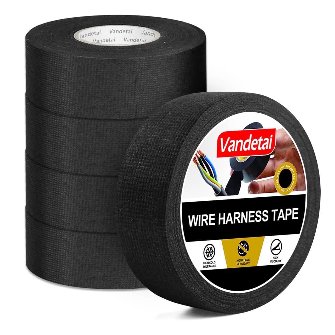 Wiring Harness Tape High Temp Self-Adhesive Fabric Tape 1 Inch x 50 FT (5 Rolls 250 FT Total) for Automotive Engine Harness Wrap, Electrical Cable Protection, Noise Damping 5-Black 1in x 50FT