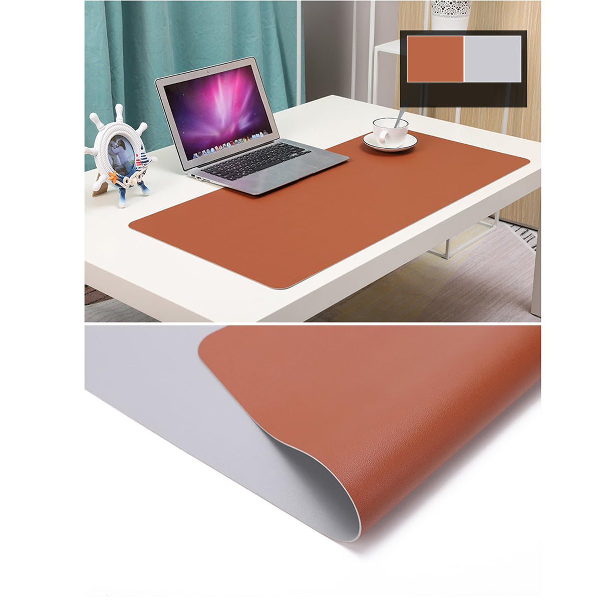 1.8mm Thick Leather Table Protector - Heavy Duty Waterproof Desk Cover for Dining,Coffee Table, Nightstand, Dresser Top Non-Slip Scratch Resistant Surface, 16x36 Inch (Brown+Gray) Brown+gray 16×36 inch